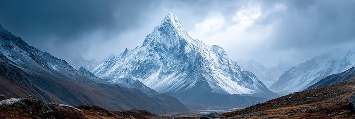 Majestic snow-capped mountain range under a dramatic sky. Possible stock photo use