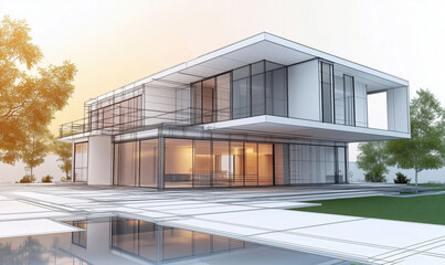 Modern architectural design of a sleek house with glass and open spaces.