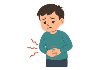Boy experiencing stomach pain while standing alone in a flat vector illustration illustrating discomfort and concern