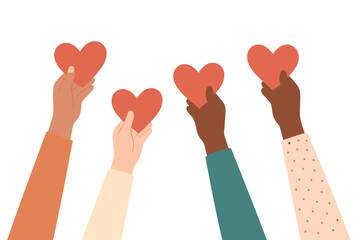 Diverse hands hold hearts to symbolize unity and love among different cultures in a flat vector illustration
