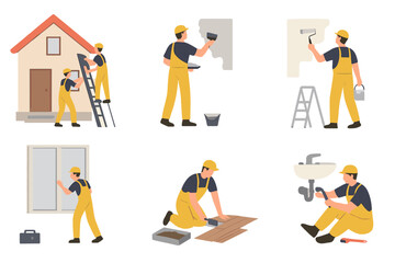 Home improvement activities being performed by workers in flat vector illustration showcasing various tasks