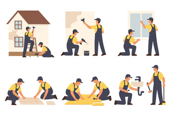 Skilled workers performing various home improvement tasks in a flat vector illustration