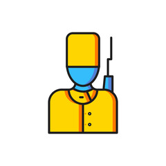 Color British guardsman with bearskin hat marching icon isolated on white background. Flat filled outline style with shadow. Vector