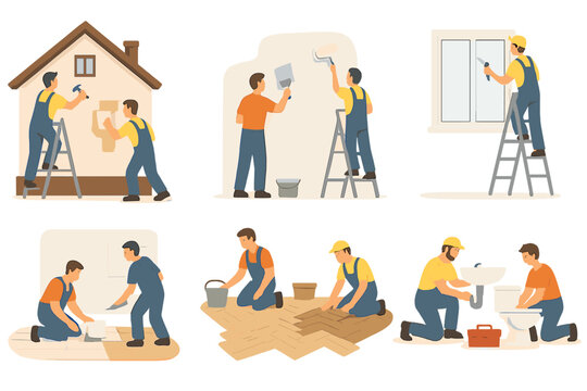 Flat vector illustration of construction workers engaging in home renovation activities during the day