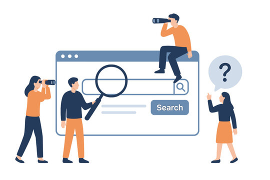 People searching for information online using binoculars and a magnifying glass in a flat vector illustration