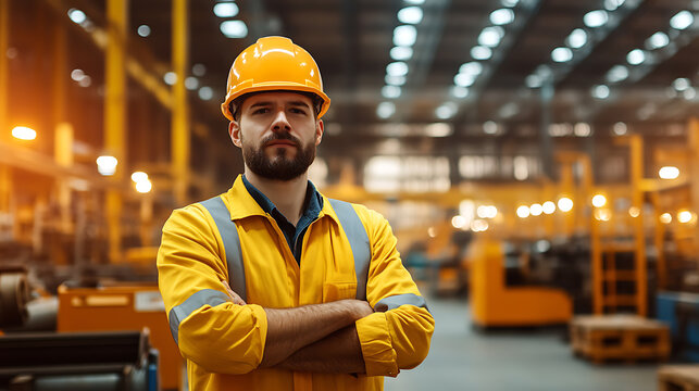 Factory Worker: A man in a hard hat and protective clothing stands confidently in a brightly lit industrial setting, arms crossed, ready for the task ahead.