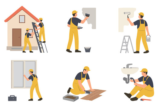 Home improvement activities being performed by workers in flat vector illustration showcasing various tasks