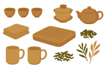 Flat vector illustration featuring tea items and utensils arranged on a wooden surface, depicting a relaxing tea brewing setup