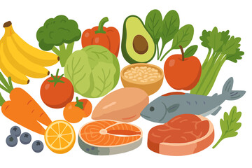 Fresh vegetables and fruits arranged creatively in a vibrant flat vector illustration conveying healthy eating and nutrition