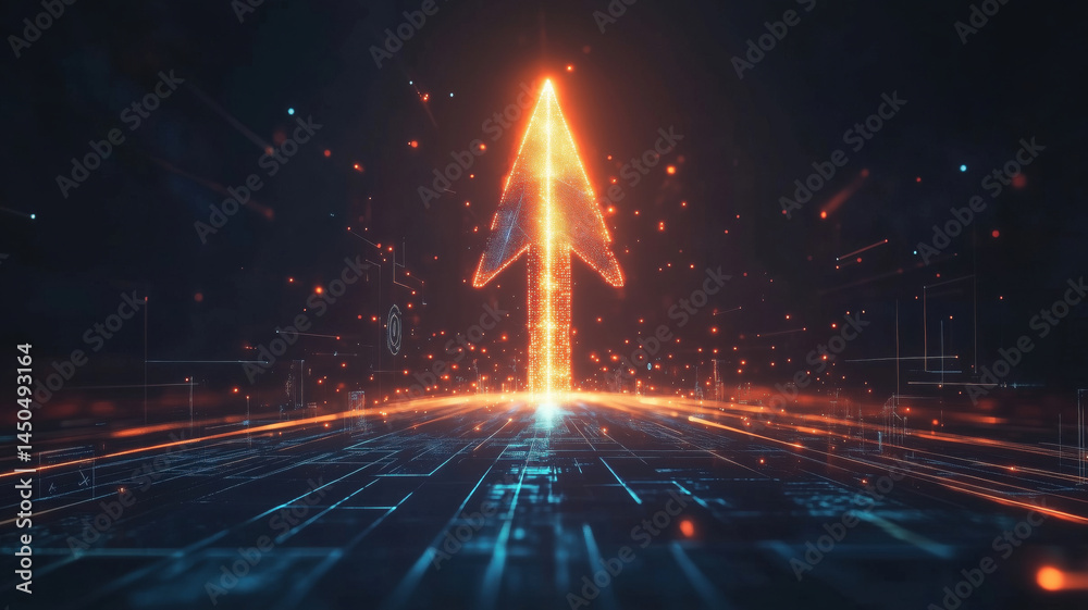 Poster digital arrow symbolizing progress and innovation in technology and data visualization.