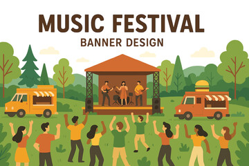 Enjoying live music at an outdoor music festival with food trucks and cheerful crowds in a green park setting