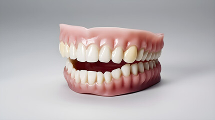 Obraz premium A model of a human jaw with teeth, placed on a white background.