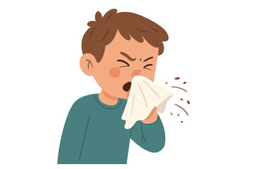 Sick boy sneezing into tissue in flat vector illustration for health and hygiene concepts