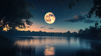 Serene night landscape with full moon reflecting on calm lake and starry sky.