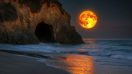 Dramatic orange moon over a secluded beach cove