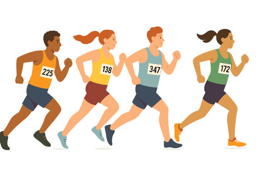 Diverse group of runners competing in a geometric race during a bright sunny day in a vibrant park setting