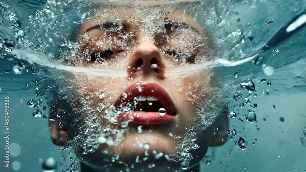 Poster female model submerging underwater, releasing air bubbles and creating rippling water surface while 