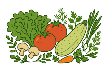 Fresh vegetables on white background with green leaves, showcasing tomatoes, lettuce, zucchini, and mushrooms for healthy eating