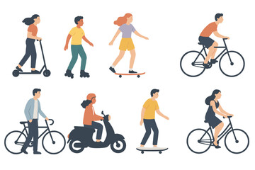 Diverse group of people engaging in various outdoor activities with bicycles, scooters, and skateboards in a sunny urban setting