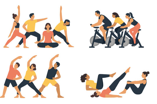 Diverse group engaging in various fitness activities indoors at a contemporary wellness center during a vibrant workout session