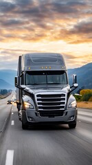 Gray semi-truck on a highway at sunrise over mountains. Suitable for transportation, trucking, and road trip concepts