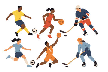 Diverse athletes engaged in various sports activities showcasing teamwork and energy in a flat vector illustration