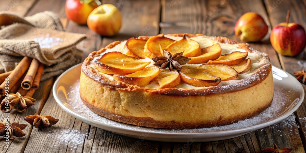 Poster a delectable apple cheesecake adorned with cinnamon sticks and star anise, creating a warm and invit