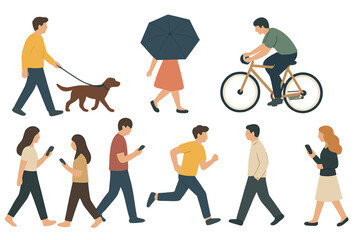 People engaged in various activities in an urban setting during a sunny day with a mix of pedestrians and cyclists