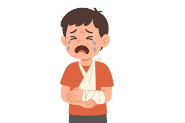 Child with a bandaged arm expresses sadness and distress while standing on a white background