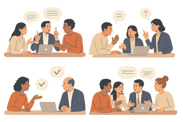 Professional colleagues engaging in discussions and sharing ideas around a laptop in a modern workspace