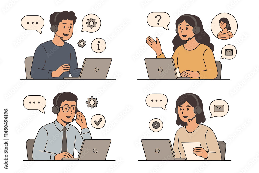 Poster support agents assisting customers through various communication methods in a flat vector illustrati