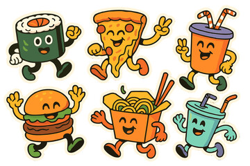 Fun and colorful flat vector illustration of cheerful food characters enjoying a lively day together at a food festival