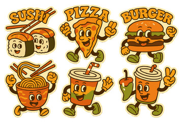 Fun and colorful flat vector illustrations of cheerful food mascots showcasing sushi, pizza, burger, noodles, and drinks in a playful arrangement