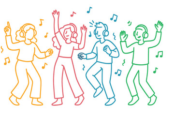 Group of friends enjoying a lively dance party while wearing headphones under colorful musical notes