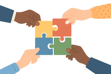 Collaboration among diverse hands solving a puzzle in a flat vector illustration