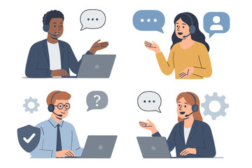 Customer support representatives assisting clients through online communication in a modern workspace setting