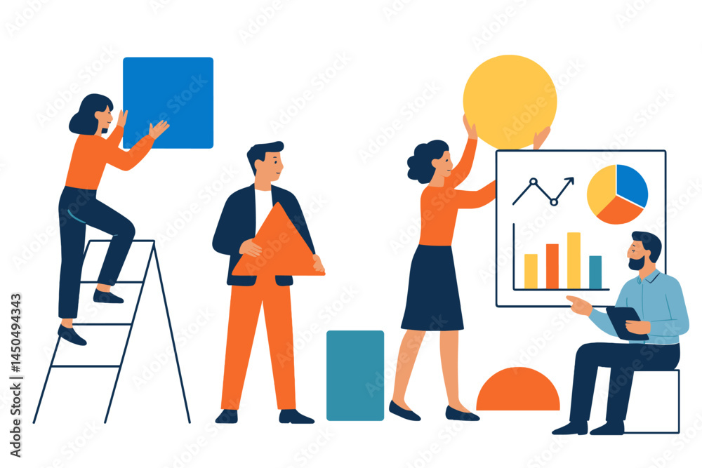 Poster team members collaborate on data presentation using colorful shapes and graphs in a modern office wo