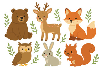 Cute forest animals featuring a bear, deer, fox, owl, rabbit, and squirrel surrounded by leaves in a flat vector style