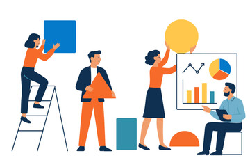 Team members collaborate on data presentation using colorful shapes and graphs in a modern office workspace
