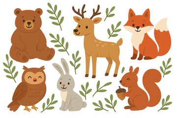 Forest animals gather in a playful vector illustration showcasing cute wildlife and foliage