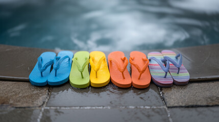 Naklejka premium Row of Bright Sandals Ready for Summer Pool Fun