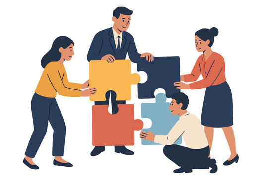 Team members collaborating to solve a puzzle in a modern office environment