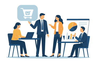 Business team discussing strategies and progress on e-commerce project in bright office space