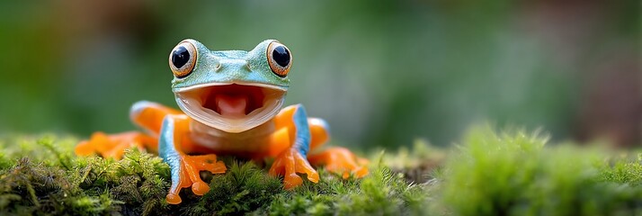 Happy tree frog in a mossy forest.  Possible use for cards, prints, kids' educational materials