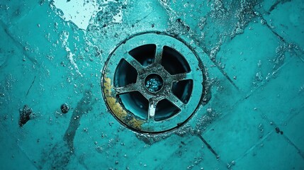 Obraz premium Teal Drain: A Close-Up of a Rusty, Metal Drain in a Teal-Colored Bathroom