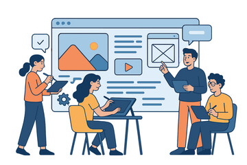 Creative team collaborating on design project using digital devices in modern workspace