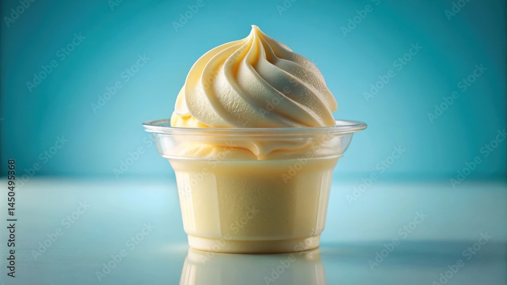 Poster a single serving of creamy frozen yogurt in a clear plastic cup, with a swirl of soft-serve on top, 
