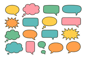 Colorful flat vector illustration of speech bubbles in various shapes and colors suitable for creative design and communication ideas