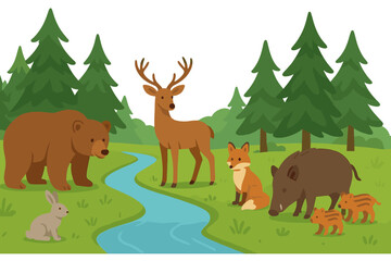 Wildlife gathering near a river in a peaceful forest with various animals during daytime hours