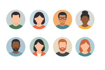 Diverse group of eight flat vector illustrations representing various people with different hairstyles and clothing styles